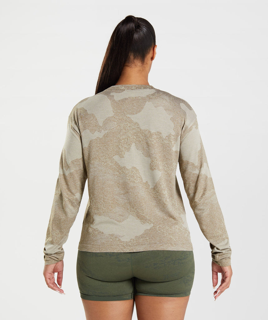 Gymshark Adapt Camo Seamless Long Sleeve Top - Pebble Grey/Soul Brown ...